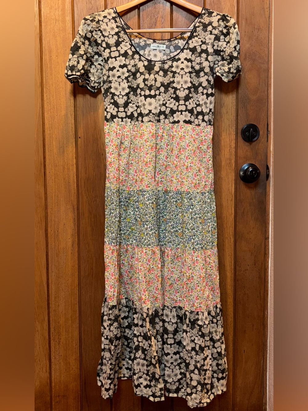 NATURAL LIFE Black, Pink and Blue Floral Patchwork Tiered Dress